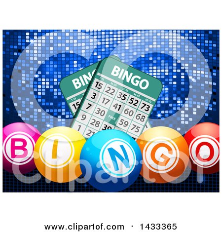 Clipart of 3d Colorful Bingo Balls and Cards over Blue Mosaic - Royalty Free Vector Illustration by elaineitalia