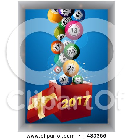 Clipart of a New Year 2017 Gift Box with Colorful 3d Balls Flying Out, over Blue with a Gray Border - Royalty Free Vector Illustration by elaineitalia