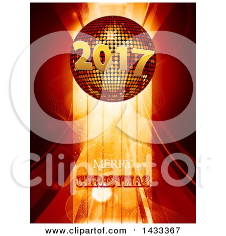 Clipart of a Merry Christmas Greeting Under a 3d 2017 New Year Disco Ball over Stripes and Flares - Royalty Free Vector Illustration by elaineitalia