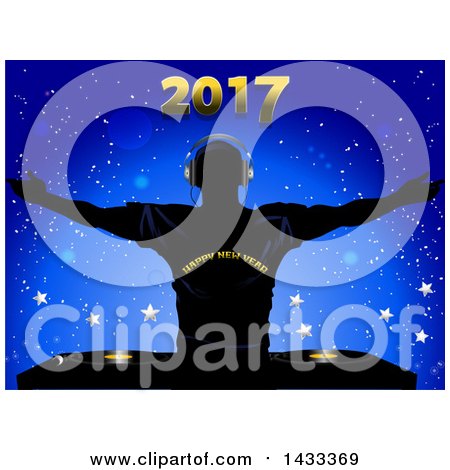 Clipart of a Silhouetted Male DJ Holding His Arms Up, Wearing a Happy New Year Shirt, over Record Decks, with 2017 over Blue and Stars - Royalty Free Vector Illustration by elaineitalia