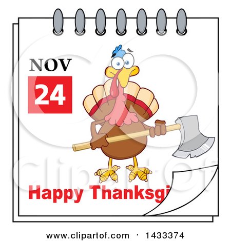 Clipart of a November 24 Happy Thanksgiving Calendar Page with a Turkey Bird Holding an Axe - Royalty Free Vector Illustration by Hit Toon