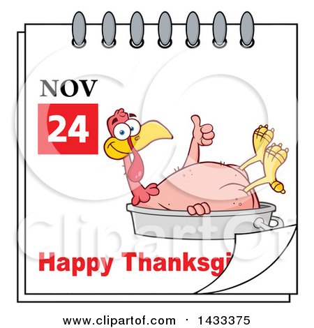 Clipart of a November 24 Happy Thanksgiving Calendar Page with a Naked Turkey Giving a Thumb up and Laying in a Roasting Pan - Royalty Free Vector Illustration by Hit Toon