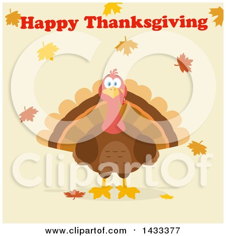 Clipart of a Flat Design Styled Turkey Bird with Happy Thanksgiving Text and Autumn Leaves - Royalty Free Vector Illustration by Hit Toon