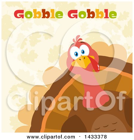 Clipart of a Flat Design Styled Turkey Bird with Gobble Gobble Text, Peeking from a Corner, over Leaves - Royalty Free Vector Illustration by Hit Toon
