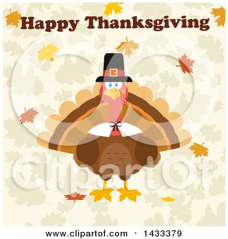 Clipart of a Flat Design Styled Pilgrim Turkey Bird with Happy Thanksgiving Text over Leaves - Royalty Free Vector Illustration by Hit Toon