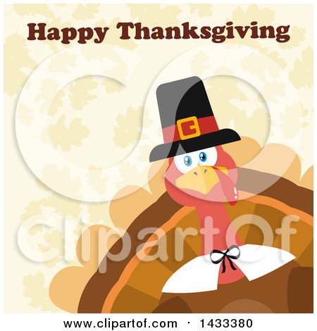 Clipart of a Flat Design Styled Pilgrim Turkey Bird with Happy Thanksgiving Text, Peeking from a Corner, over Leaves - Royalty Free Vector Illustration by Hit Toon