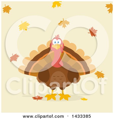 Clipart of a Flat Design Styled Turkey Bird with Autumn Leaves - Royalty Free Vector Illustration by Hit Toon