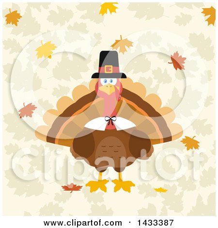Clipart of a Flat Design Styled Pilgrim Turkey Bird over Leaves - Royalty Free Vector Illustration by Hit Toon