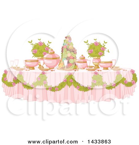 Clipart of a Pink Princess Dining Table Formally Set with Flowers and Fruit - Royalty Free Vector Illustration by Pushkin