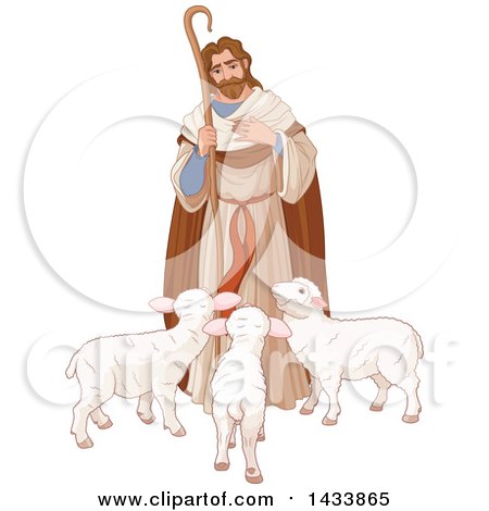 Clipart of a Loving Shepherd Looking down at Lambs - Royalty Free Vector Illustration by Pushkin