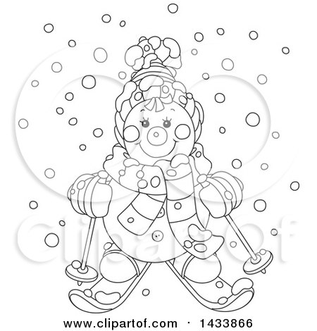 Clipart of a Cartoon Black and White Lineart Happy Snowman Wearing Winter Accessories and Skiing in the Snow - Royalty Free Vector Illustration by Alex Bannykh