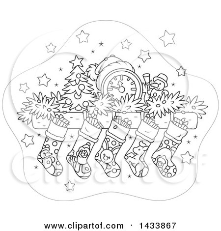 Clipart of a Cartoon Black and White Lineart Mandle with a Clock, Tiny Tree, Snowman, Garland and Christmas Stockings - Royalty Free Vector Illustration by Alex Bannykh