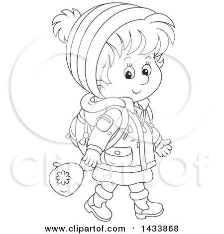 Clipart of a Cartoon Black and White Lineart School Girl Walking in Winter Apparel - Royalty Free Vector Illustration by Alex Bannykh