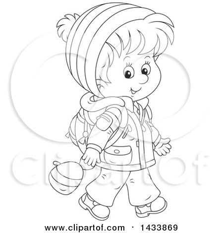 Clipart of a Cartoon Black and White Lineart School Boy Walking in Winter Apparel - Royalty Free Vector Illustration by Alex Bannykh
