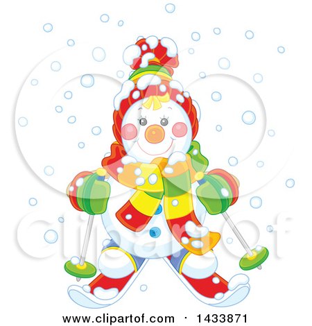 Clipart of a Happy Snowman Dressed in Winter Accessories and Skiing in the Snow - Royalty Free Vector Illustration by Alex Bannykh