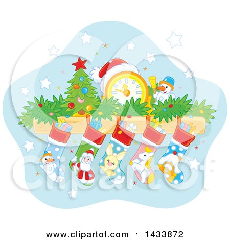 Clipart of a Mandle with a Clock, Tiny Xmas Tree, Snowman, Garland and Christmas Stockings - Royalty Free Vector Illustration by Alex Bannykh
