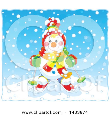 Clipart of a Happy Snowman Dressed in Winter Accessories and Skiing on a Snowy Day - Royalty Free Vector Illustration by Alex Bannykh