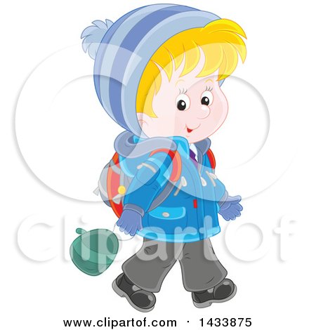 Clipart of a Cartoon Happy Blond White School Boy Walking in Winter Apparel - Royalty Free Vector Illustration by Alex Bannykh