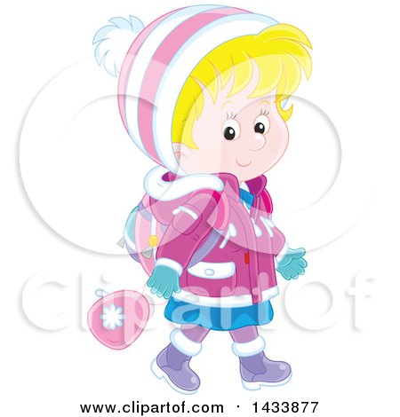 Clipart of a Happy Blond White School Girl Walking in Winter Apparel - Royalty Free Vector Illustration by Alex Bannykh