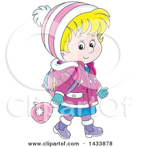 Clipart of a Cartoon Happy Blond Caucasian School Girl Walking in Winter Apparel - Royalty Free Vector Illustration by Alex Bannykh