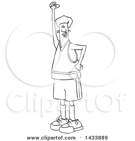 Clipart of a Cartoon Black and White Lineart Male Protester Holding up a Fist and Shouting - Royalty Free Vector Illustration by djart