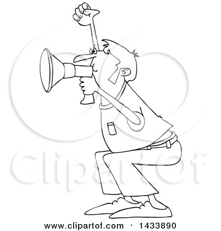 Clipart of a Cartoon Black and White Lineart Male Protester Shouting into a Megaphone - Royalty Free Vector Illustration by djart