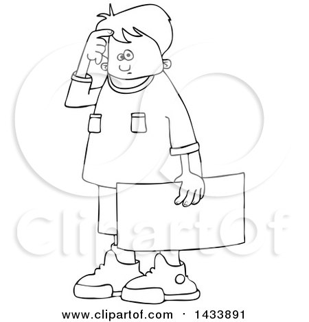 Clipart of a Cartoon Black and White Lineart Confused Boy Protestor Holding a Sign - Royalty Free Vector Illustration by djart