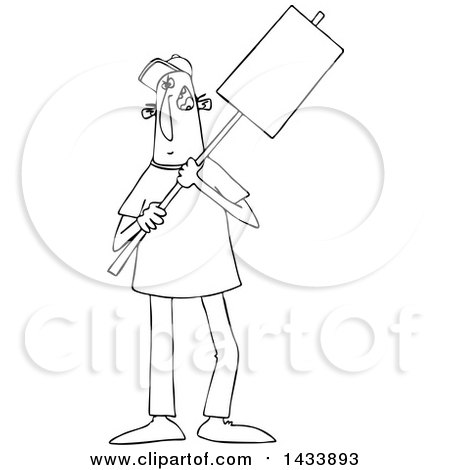 Clipart of a Cartoon Black and White Lineart Male Protester Holding a Sign - Royalty Free Vector Illustration by djart