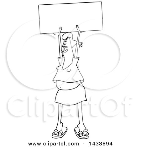 Clipart of a Cartoon Black and White Lineart Female Protester Holding up a Sign and Shouting - Royalty Free Vector Illustration by djart