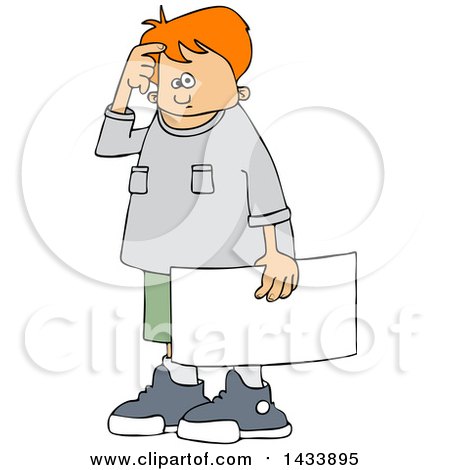 Clipart of a Cartoon Confused White Boy Protestor Holding a Sign - Royalty Free Vector Illustration by djart