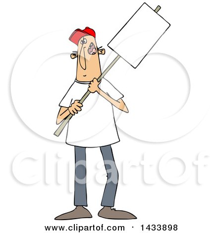 Clipart of a Cartoon White Male Protester Holding a Sign - Royalty Free Vector Illustration by djart