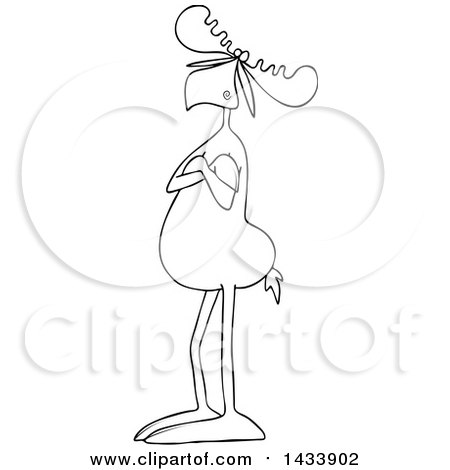 Clipart of a Cartoon Black and White Lineart Aloof Moose Standing with Folded Arms - Royalty Free Vector Illustration by djart