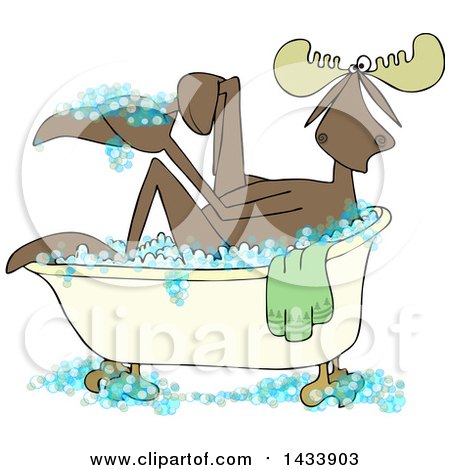 Clipart of a Cartoon Moose Washing up in a Bubble Bath - Royalty Free Vector Illustration by djart