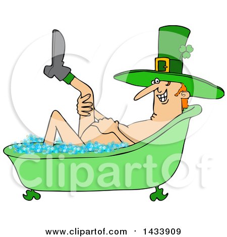Clipart of a Cartoon St Patricks Day Leprechan Lifting a Leg and Soaking in a Bubble Bath - Royalty Free Vector Illustration by djart