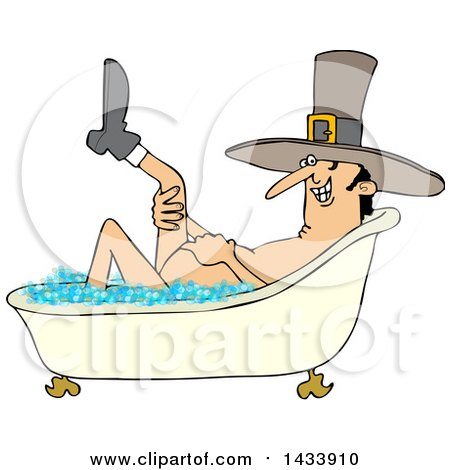 Clipart of a Cartoon Thanksgiving Pilgrim Man Lifting up a Leg While Soaking in a Bubble Bath - Royalty Free Vector Illustration by djart