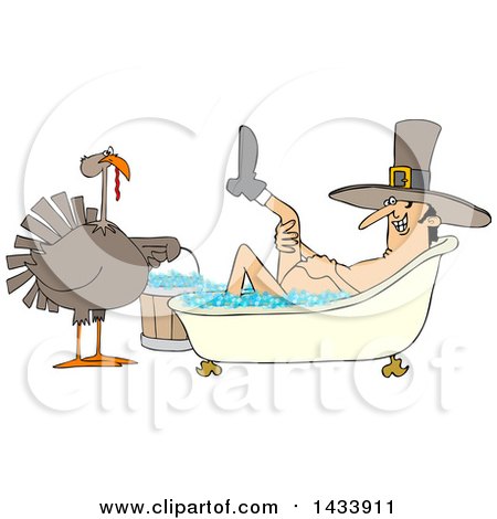 Clipart of a Cartoon Thanksgiving Turkey Bird Holding a Bucket by a Pilgrim Man Lifting up a Leg While Soaking in a Bubble Bath - Royalty Free Vector Illustration by djart