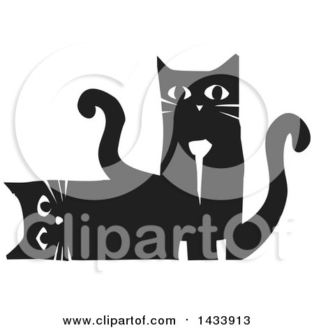 Clipart of a Black and White Woodcut Pair of Cats, One Laying on Its Side, the Other Sitting - Royalty Free Vector Illustration by xunantunich