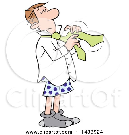 Clipart of a Cartoon Caucasian Business Man Tying a Tie While Getting Dressed for Work - Royalty Free Vector Illustration by Johnny Sajem