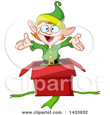 Clipart of a Cartoon Surprise Christmas Elf Popping out of a Gift Box - Royalty Free Vector Illustration by yayayoyo