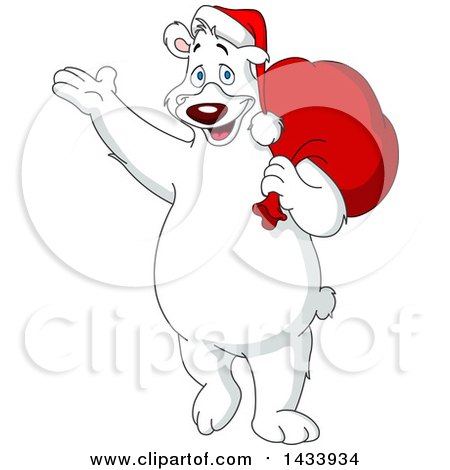 Clipart of a Cartoon Polar Bear Santa Waving and Carrying a Sack over His Shoulder - Royalty Free Vector Illustration by yayayoyo