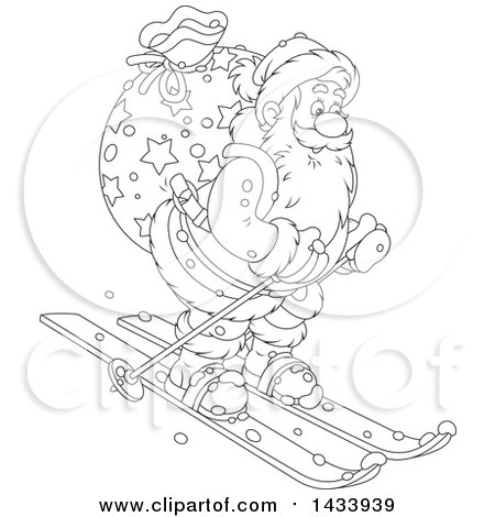 Clipart of a Cartoon Black and White Lineart Santa Claus Skiing with a Christmas Sack - Royalty Free Vector Illustration by Alex Bannykh