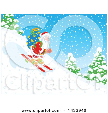 Clipart of Santa Skiing down a Snowy Hill with a Christmas Sack - Royalty Free Vector Illustration by Alex Bannykh