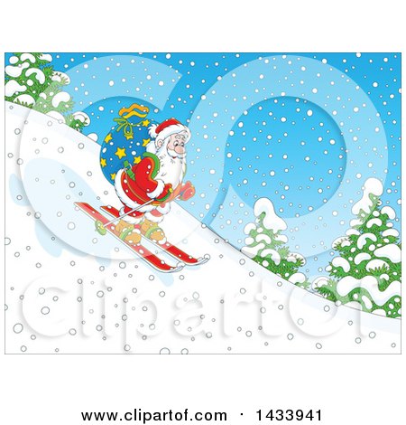 Clipart of a Cartoon Santa Claus Skiing down a Snowy Hill with a Christmas Sack - Royalty Free Vector Illustration by Alex Bannykh