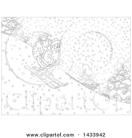 Clipart of a Cartoon Black and White Lineart Santa Claus Skiing down a Snowy Hill with a Christmas Sack - Royalty Free Vector Illustration by Alex Bannykh