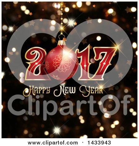 Clipart of a Happy New Year 2017 Greeting with a Bauble over Flares - Royalty Free Vector Illustration by KJ Pargeter