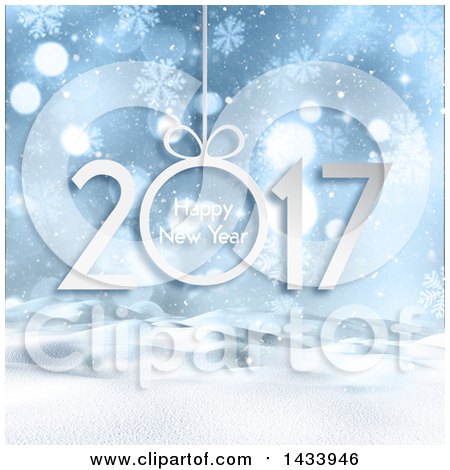 Clipart of a Happy New Year 2017 Greeting over a Winer Landscape - Royalty Free Illustration by KJ Pargeter