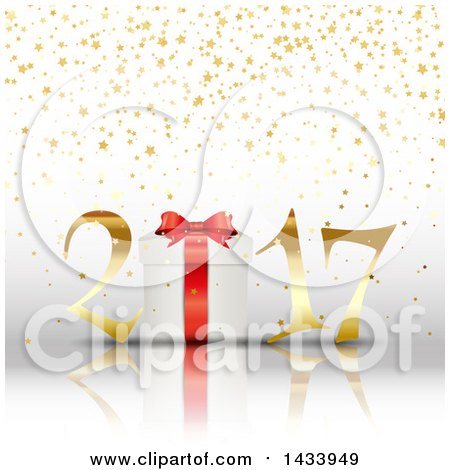 Clipart of a Happy New Year 2017 Greeting with a 3d Gift and Star Glitter - Royalty Free Vector Illustration by KJ Pargeter