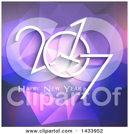 Clipart of a Happy New Year 2017 Greeting over Purple Low Poly Geometric - Royalty Free Vector Illustration by KJ Pargeter