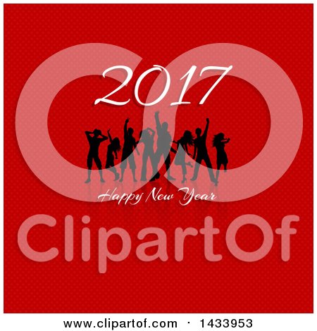 Clipart of a Happy New Year 2017 Greeting with Silhouetted Dancers on Red - Royalty Free Vector Illustration by KJ Pargeter