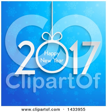 Clipart of a Happy New Year 2017 Greeting with a Bauble over Blue Snowflakes - Royalty Free Vector Illustration by KJ Pargeter